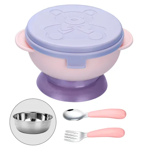 Baby Suction Bowl Kids Tableware Set Stainless Steel PP Anti Drop Bowl Spoon Fork Cute Bear Design Children Feeding