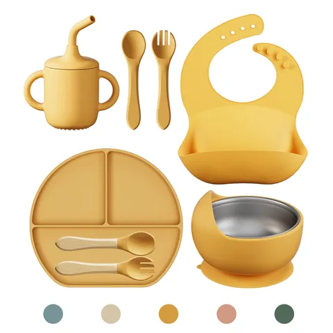 Set de Vaisselle pour Enfants en Silicone Bol à Ventouse en Acier Inoxydable Assiette Divisée Tasse à Paille Bavoir Fourchette Cuillère pour Bébé