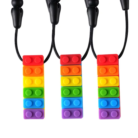 Silikon Baustein Beißring Kaukette Regenbogen Bunt Sensorisches Spielzeug Für Kinder Autismus ADHS Mit Verstellbarem Sicherheitsverschluss