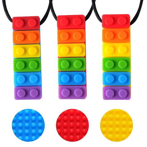 Silikon Baustein Beißring Kaukette Regenbogen Bunt Sensorisches Spielzeug Für Kinder Autismus ADHS Mit Verstellbarem Sicherheitsverschluss