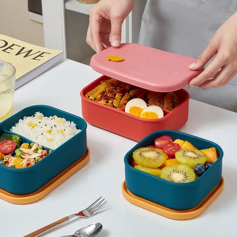 Cartoon Cat Silicone Lunch Box Microwave Safe Food Storage Container With Lid Three Grid Bento Box For Office School Adults