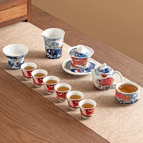 Chinese Kung Fu Tea Set Blue Ceramic Teapot Gaiwan Teacups With Gift Box Auspicious Koi Design For Home Guest Brewing