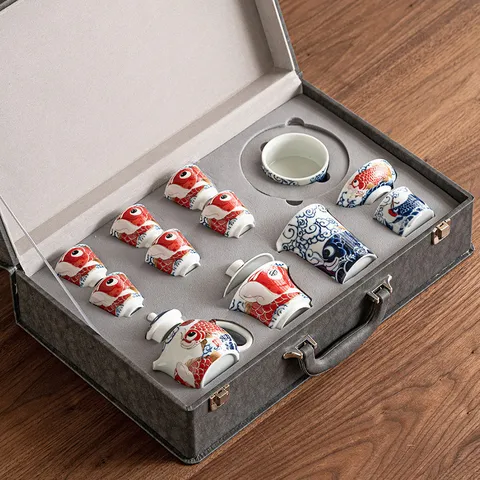 Chinese Kung Fu Tea Set Blue Ceramic Teapot Gaiwan Teacups With Gift Box Auspicious Koi Design For Home Guest Brewing