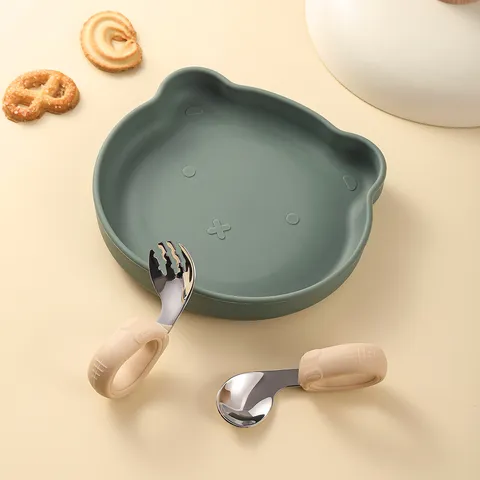 Cartoon Bear Silicone Baby Plate With Suction Bowl For Toddlers Infant Food Grade Silicone Tableware BPA Free Spoon Fork