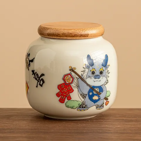 Boîte à Thé en Céramique de Style Chinois Avec Couvercle Hermétique en Bois Imprimé Dragon Mignon Résistant à l'Humidité Mini Pot de Stockage Portable