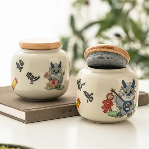 Boîte à Thé en Céramique de Style Chinois Avec Couvercle Hermétique en Bois Imprimé Dragon Mignon Résistant à l'Humidité Mini Pot de Stockage Portable
