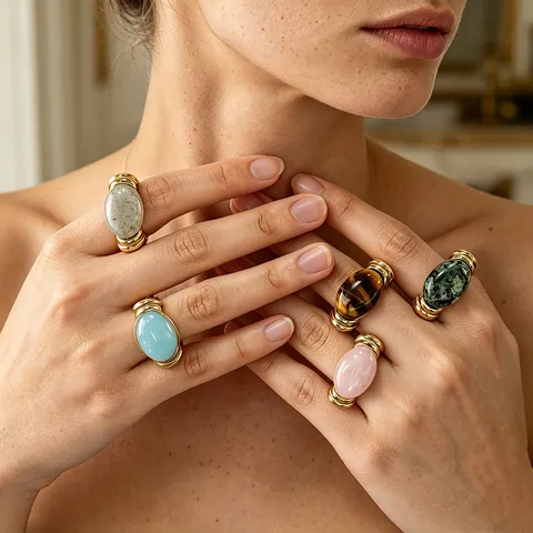Stainless Steel Natural Stone Open Ring For Women PVD 18K Gold Plated Oval Amazonite Tiger Eye Rose Quartz Adjustable Minimalist Fashion Jewelry