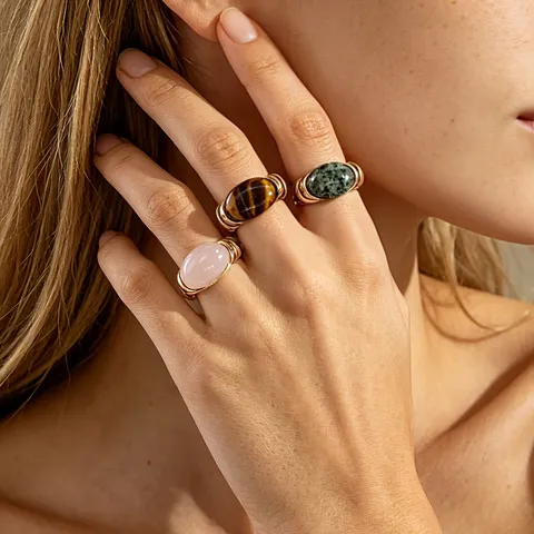 Stainless Steel Natural Stone Open Ring For Women PVD 18K Gold Plated Oval Amazonite Tiger Eye Rose Quartz Adjustable Minimalist Fashion Jewelry