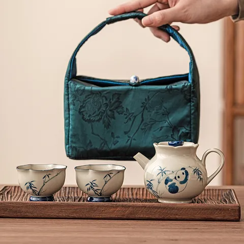 Portable Kung Fu Tea Service Plant Ash Ceramic Panda Bamboo Hand Painted Tea Pot Cups With Travel Storage Bag Chinese Retro Style Tea Collection