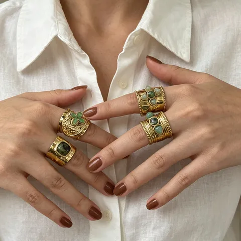 Vintage Stainless Steel Wide Band Open Ring for Women Natural Green Stone Inlaid Clover Cross Geometric French Style Gold Plated Ring Jewelry Gift