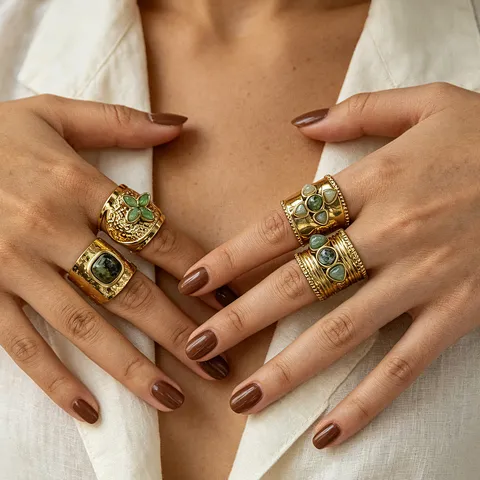 Vintage Stainless Steel Wide Band Open Ring for Women Natural Green Stone Inlaid Clover Cross Geometric French Style Gold Plated Ring Jewelry Gift