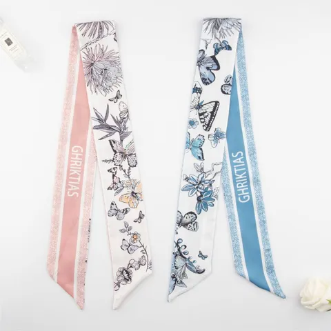 Satin Polyester Butterfly Floral Printed Long Ribbon Scarf Hairband Sweet Bow Hair Ribbon For Women Bag Accessory Wrap Tie