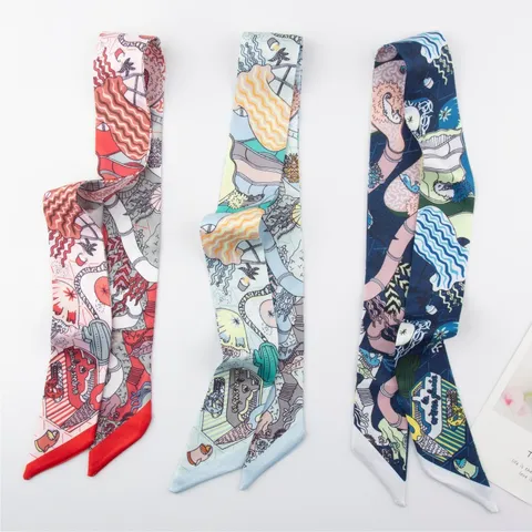 French Style Underwater World Print Narrow Silk Scarf Women Twilly Ribbon For Bag Handle Neck Scarf Polyester Hair Band Accessories