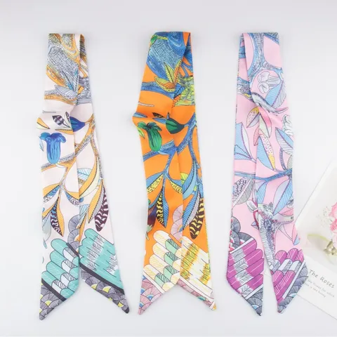 Vintage Polyester Skinny Scarf For Women Printed Floral Bird Geometric Pattern Multi Functional Hair Ribbon Bag Handle Ribbon Scarf Headband