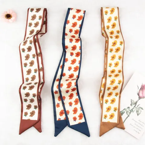 Korean Style Khaki Printed Botanical Floral Small Scarf For Women Sweet Hair Ribbon Handbag Twilly Elegant Neck Scarf Accessory