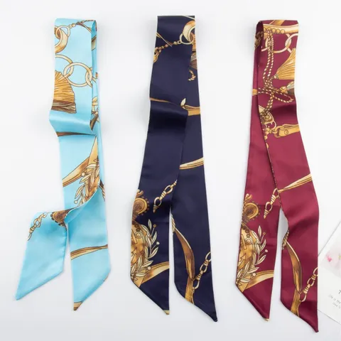 Elegant French Style Printed Polyester Twilly Scarf Women Fashion Chain Tassel Print Bag Ribbon Neck Scarf Headband