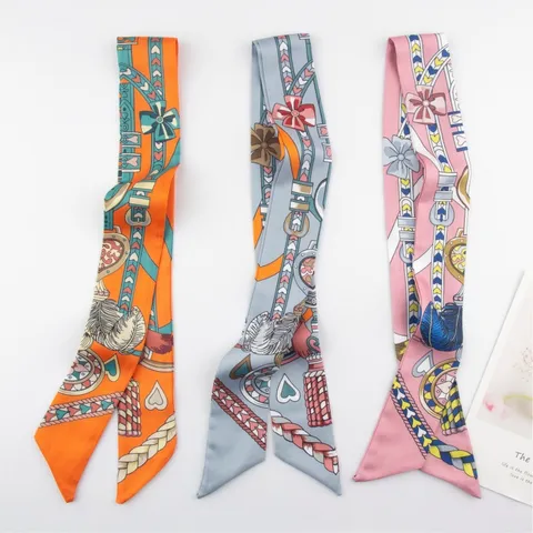 Elegant Retro Geometric Chain Feather Printed Polyester Twilly Scarf For Women Classic Luxury Pattern Hair Band Bag Ribbon Accessories