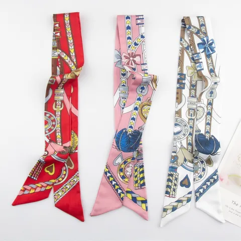 Elegant Retro Geometric Chain Feather Printed Polyester Twilly Scarf For Women Classic Luxury Pattern Hair Band Bag Ribbon Accessories