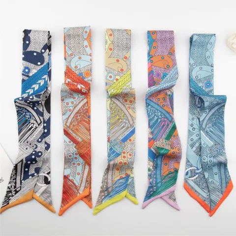 Elegant Geometric Wheat Chain Harness Printed Skinny Scarf Ribbon For Women Multi Purpose Satin Feel Hair Band Bag Decoration Headband Wrap
