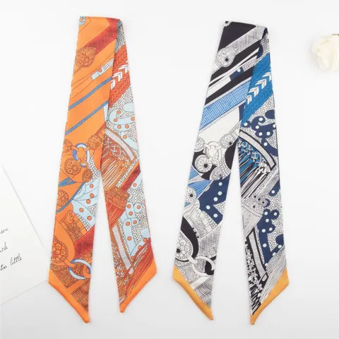 Elegant Geometric Wheat Chain Harness Printed Skinny Scarf Ribbon For Women Multi Purpose Satin Feel Hair Band Bag Decoration Headband Wrap