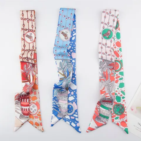 Owl Botanical Print Satin Twilly Skinny Scarf For Women Bag Handle Wrap Hair Band Elegant Neck Tie Ribbon Headband Fashion Scarf Gift