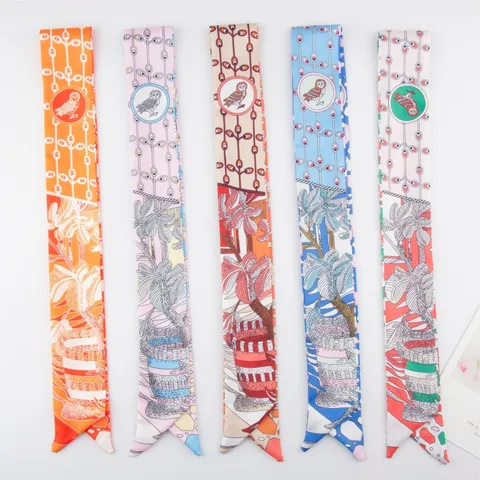 Owl Botanical Print Satin Twilly Skinny Scarf For Women Bag Handle Wrap Hair Band Elegant Neck Tie Ribbon Headband Fashion Scarf Gift