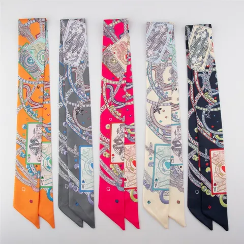 Women French Satin Silk-Look Twilly Scarf Vintage Playing Card Geometric Chain Pattern Long Narrow Neck Tie Handbag Decoration Headband Scarf