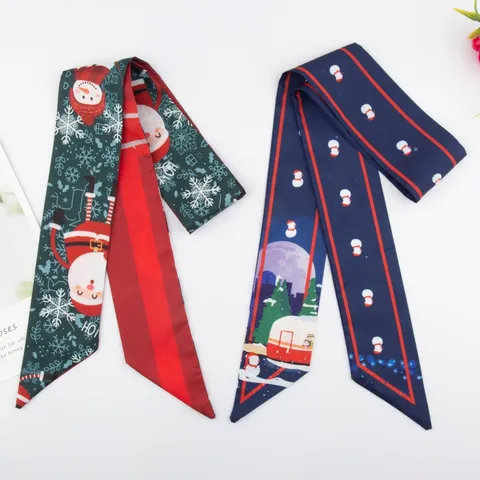 Festive Christmas Snowman Santa Printed Polyester Scarf Long Ribbon Hair Tie For Women Holiday Party Hair Accessories