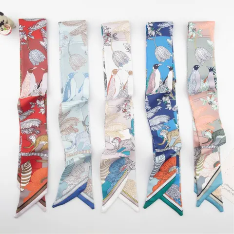 Elegant Animal Tropical Plant Print Long Scarf For Women Satin Polyester Hairband Bag Ribbon Headband Diagonal Scarf