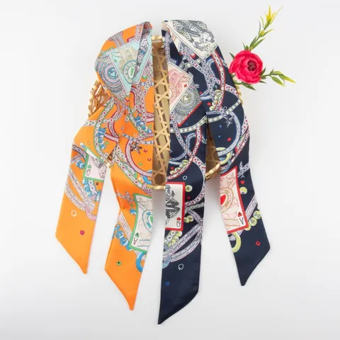 Women French Satin Silk-Look Twilly Scarf Vintage Playing Card Geometric Chain Pattern Long Narrow Neck Tie Handbag Decoration Headband Scarf