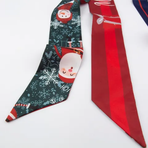 Festive Christmas Snowman Santa Printed Polyester Scarf Long Ribbon Hair Tie For Women Holiday Party Hair Accessories