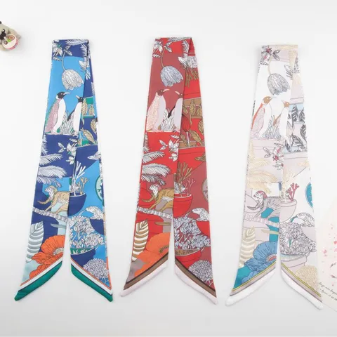 Elegant Animal Tropical Plant Print Long Scarf For Women Satin Polyester Hairband Bag Ribbon Headband Diagonal Scarf