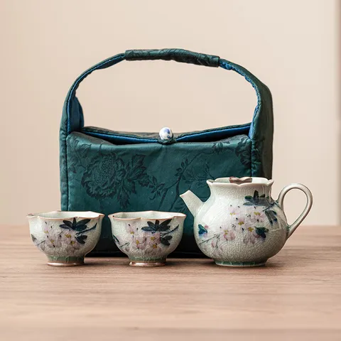 Hand-Painted Magnolia Ceramic Kung Fu Tea Set With Portable Bag Crackle Glaze Teapot Cup Travel Outdoor Tea Sets