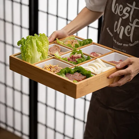 Bamboo Wooden Grid Serving Tray For Hot Pot BBQ Side Dish Dessert Snack Fruit Plate Home Compartmentalized Platter With Ceramic Bowls