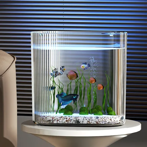 Transparent Desktop Ecological Fish Tank For Goldfish Turtle Hydroponic Plants Modern Striped Plastic Water Lily Pot Home Office Decoration