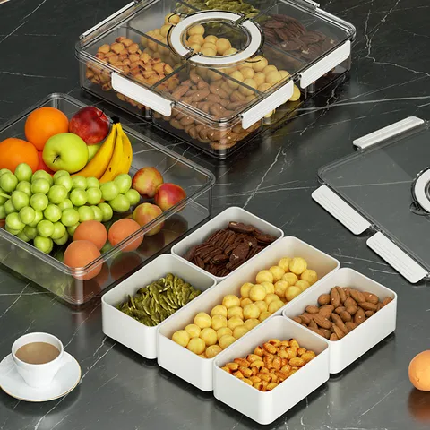 Luxus Mehrfachfächer Obstschale Transparent Kunststoff Nuss Snack Tablett Mit Deckel Wohnzimmer Heim Desktop Aufbewahrung Süßigkeiten Servierplatte