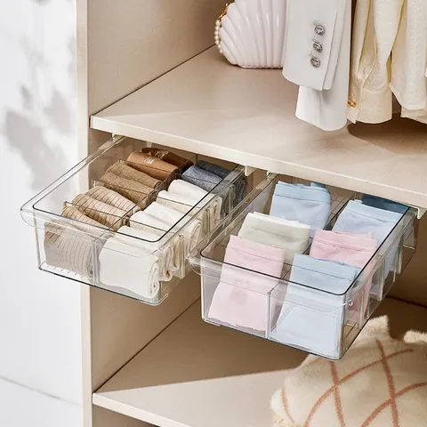 Transparent PET Drawer Storage Box For Wardrobe Underwear Socks Partition Organizer Under Shelf Dustproof Space Saving Box