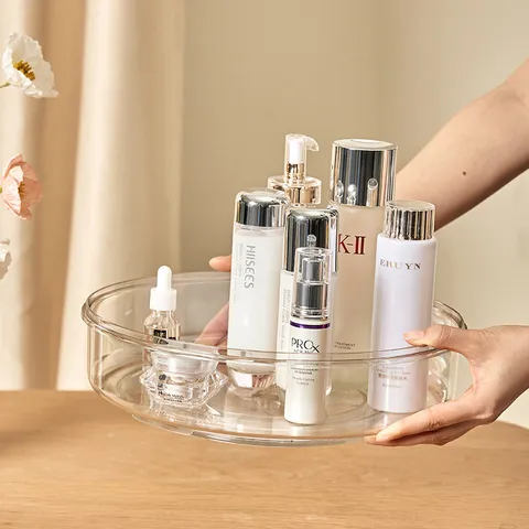 Organizzatore per Trucco Rotante Trasparente Nordico Scatola per Cosmetici Circolare per Tavolo da Trucco Rossetto Skincare Vassoio PET
