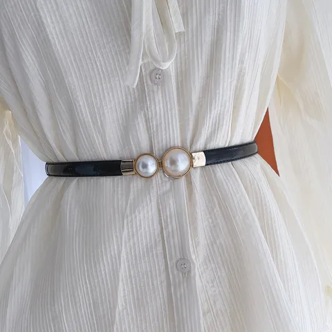 Ceinture Fine Mode pour Femme Cuir PU Ornée de Perles Taille Décontractée Robe Costume Pull Ceinture