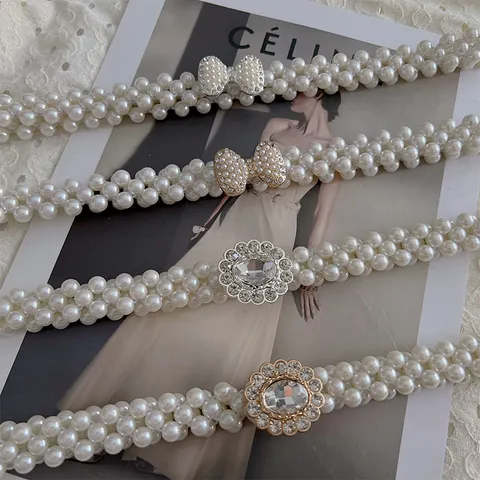 Women Elegant Retro Elastic Pearl Waist Chain Rhinestone Crystal Flower Alloy Dress Belt Fashion Waistband Jewelry