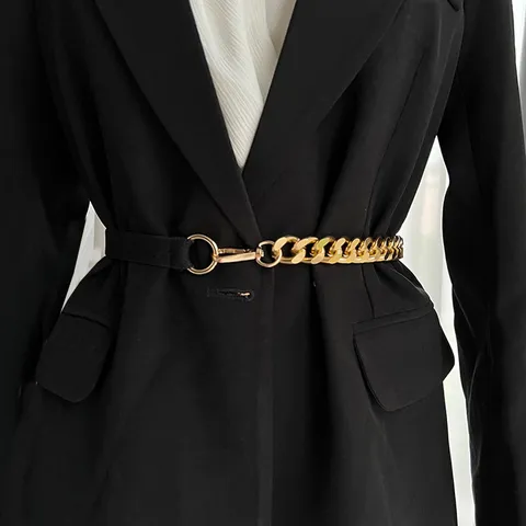 Women Fashion Metal Chain Waist Belt Punk Street Style Elastic Stretch Dress Waistband Gold Silver Decorative Belt