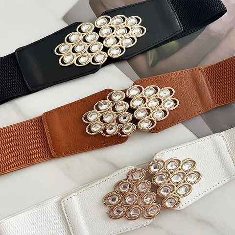 Women Wide Elastic Waist Belt Fashion Stretch Cinch Belt With Rhinestone Metal Buckle For Dresses Coat Casual Waistband