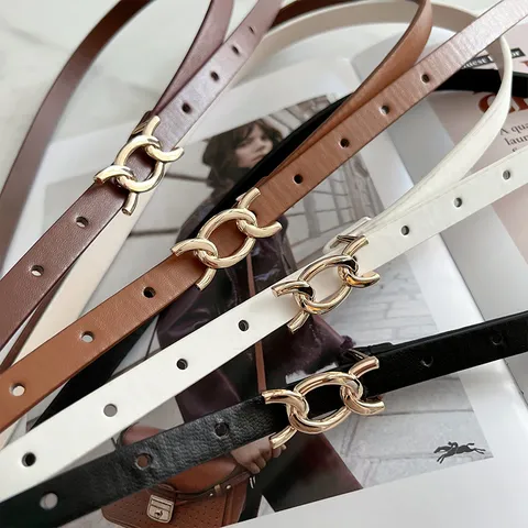 Women Fashion PU Leather Belt Thin Waist Strap With Metal Chain Buckle Elegant Dress Sweater Suit Decorative Waistband