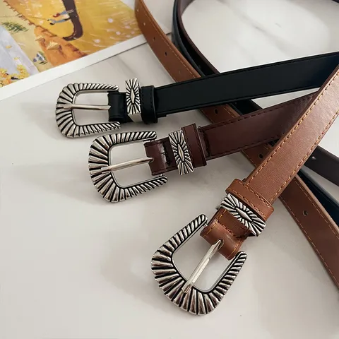 Women's Vintage PU Leather Belt Retro Metal Carved Buckle Casual Waist Belt For Jeans Fashion Accessories