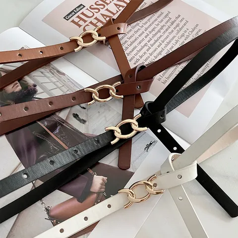 Women Fashion PU Leather Belt Thin Waist Strap With Metal Chain Buckle Elegant Dress Sweater Suit Decorative Waistband