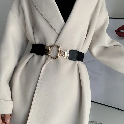 Women Elastic Wide Belt Fashion Faux Leather Waist Band With Gold Tone Metal Round Buckle For Dress Sweater