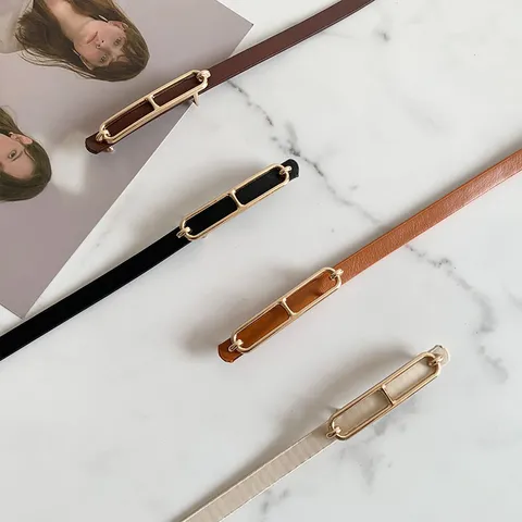 Damen Mode PU Ledergürtel Minimalistischer Schmaler Bund mit Metallschnalle Goldfarbenes Zubehör für Hosen und Hosen