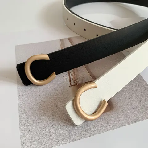 Women Faux Leather Skinny Belt Metal C Buckle Adjustable Waistband Elegant Dress Waist Belt Fashion Accessory