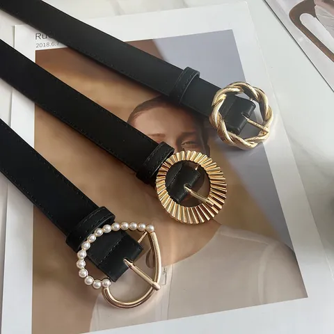 Women Fashion PU Leather Belt Elegant Metal Round Heart Buckle Adjustable Casual Waist Belt For Jeans Dress