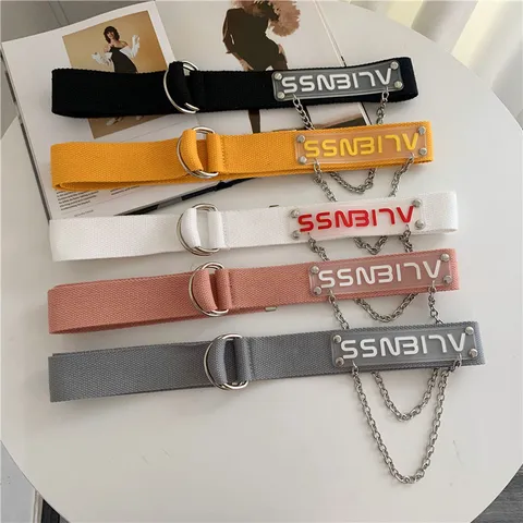 Trendy Canvas Belt For Women Men Double Ring Buckle Metal Chain Casual Waist Belt